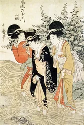 Kolme tyttöä meloo joella, sarjasta "Muodikkaat kuusi jalokivijokea", Yamashiron provinssi, julkaistu 1790